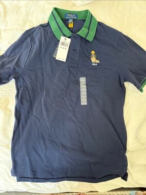 NWT Polo by Ralph Lauren Navy Polo with Green-Trim Collar and Embroidered Bear